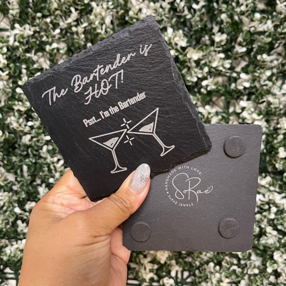(2) Slate Custom Drink Coasters with Fun Bartender Design